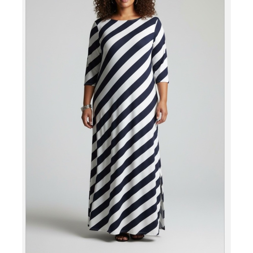 CATO MAXI DRESS Navy Blue & White Diagonal Stripes SOFT JERSEY KNIT Shift 18/20W